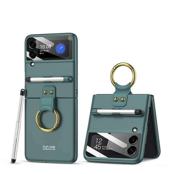 Allytech Case for Samsung Galaxy Z Flip 3 Cover with Pen, Ultra Thin Matte PC Protective Cover with Ring Holder 9H Glass All-Inclusive Camera Lens Protector Case for Galaxy Z Flip3 5G 2021, Green