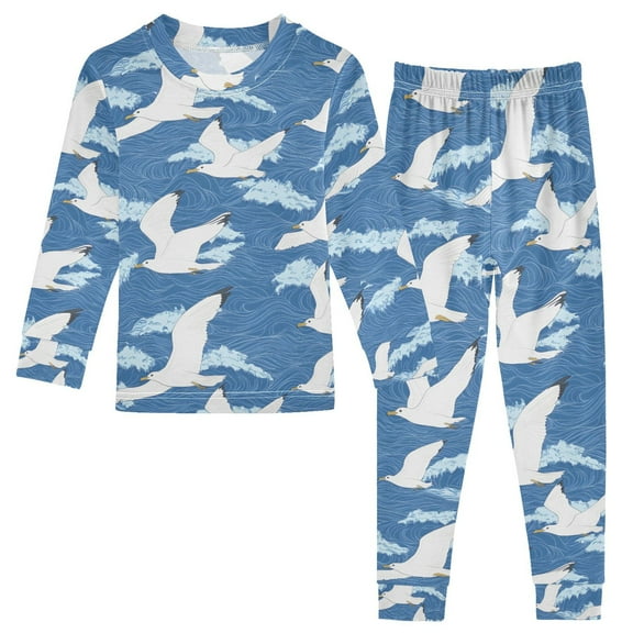 joogoo Seagulls Wavy 2 Piece Long Sleeve Tee and Pants Cotton Pajama Set 5Y