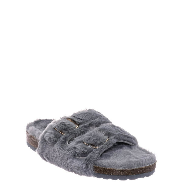 Faux Footbed Slipper - Furry Slide In Cork Slide - Walmart.com