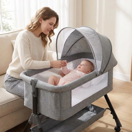 Baby Bassinet 5 in 1,Baby Bedside Bassinet with DiaperTable, Mosquito Net, Mattress, Storage Layer, Can BeStored in One Button Travel Crib (Beige)