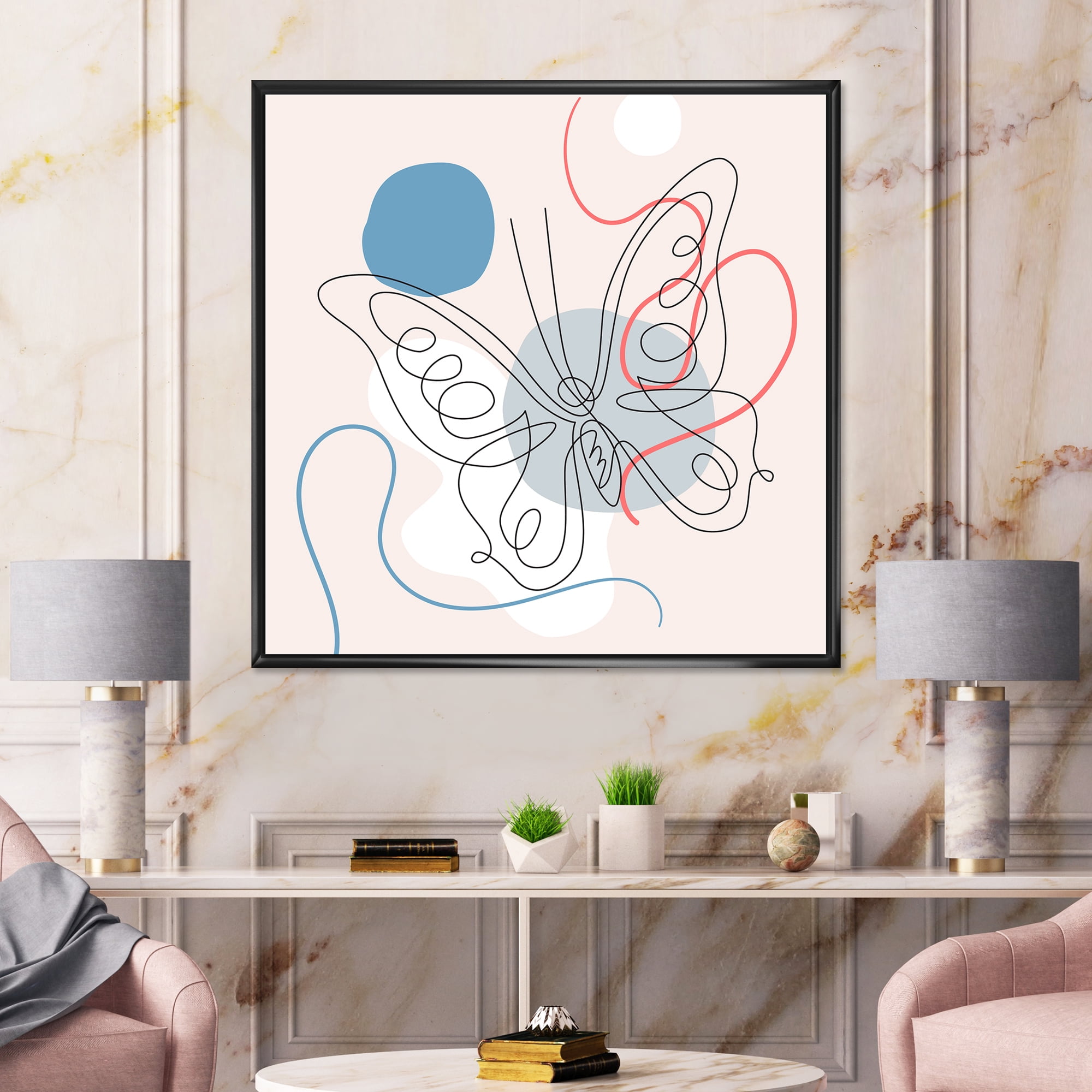 Designart 'One Line Butterfly Drawing On Cubism Shapes III' Modern Framed Canvas Wall Art Print