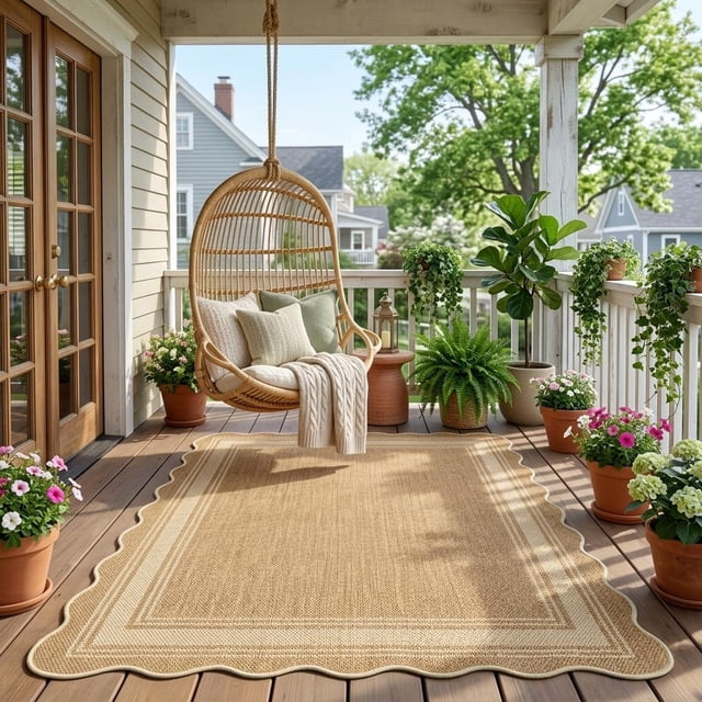 HIWEAVERYellow5' x 7' Scalloped-edge Easy Jute Area Rug for Living Room Modern Bordered Indoor Outdoor Neutral Carpet for Patios Non Slip Washable Throw Mat for Home Decor