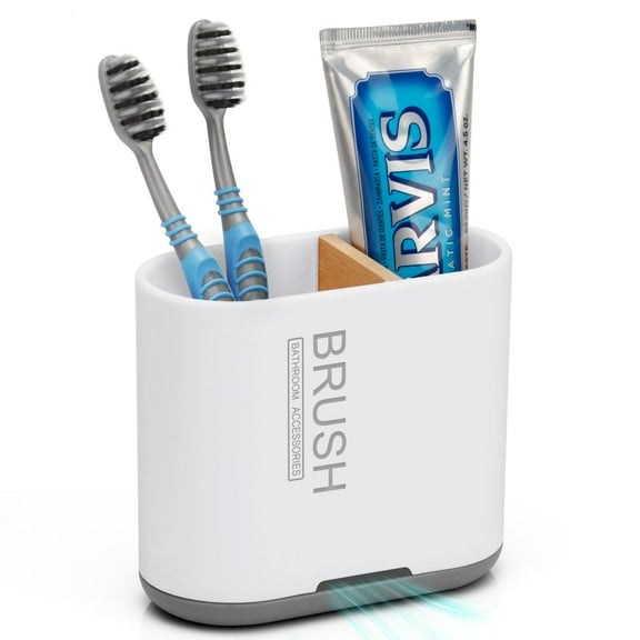 Toothbrush and Toothpaste Holder with Bamboo Divider for Bathroom Countertop Organizer Detachable for Easy Clean 2 Slots Electric Toothbrush Holders Storage Caddy Drainage for Family-White