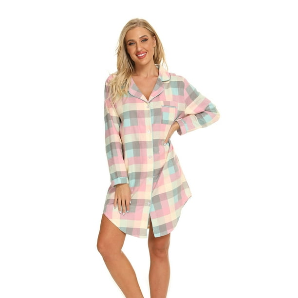 Women's Cotton Sleep Shirt, Long Sleeve Button-Down Nightshirt ，Flannel Night  Shirt,L, (yellow+pink) 