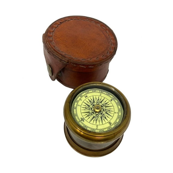 2.5" Dome Compass with Brown Leather Case - Antique Finish Brass | Nautical Gift