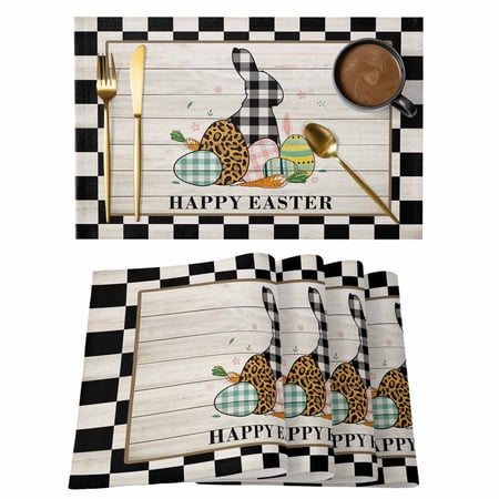Happy Easter Placemats Set of 2 Buffalo Check Plaid Bunny Egg Wooden Board Black White Plaid Non-Slip Place Mats Washable Table Mats for Kitchen Dining Table Decorations Indoor/Outdoor