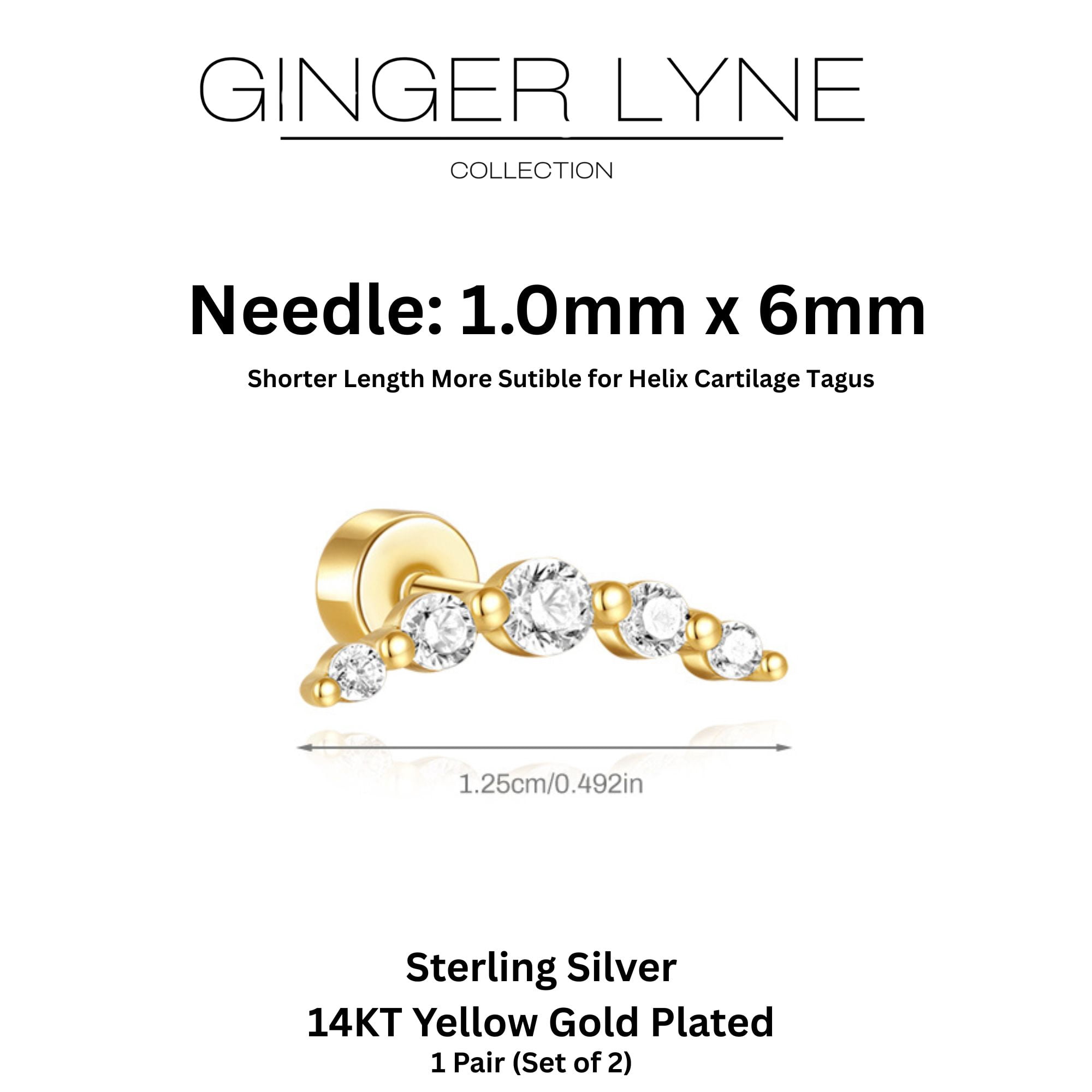 Graduated CZ Crawler Flat Back Earrings for Cartilage Helix Tragus Lobe Gold Plated Sterling Silver 1 pair by Ginger Lyne
