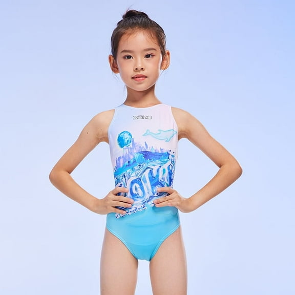 ZOKE Girls Blue and Purple Ocean Graphic One-Piece Swimsuit