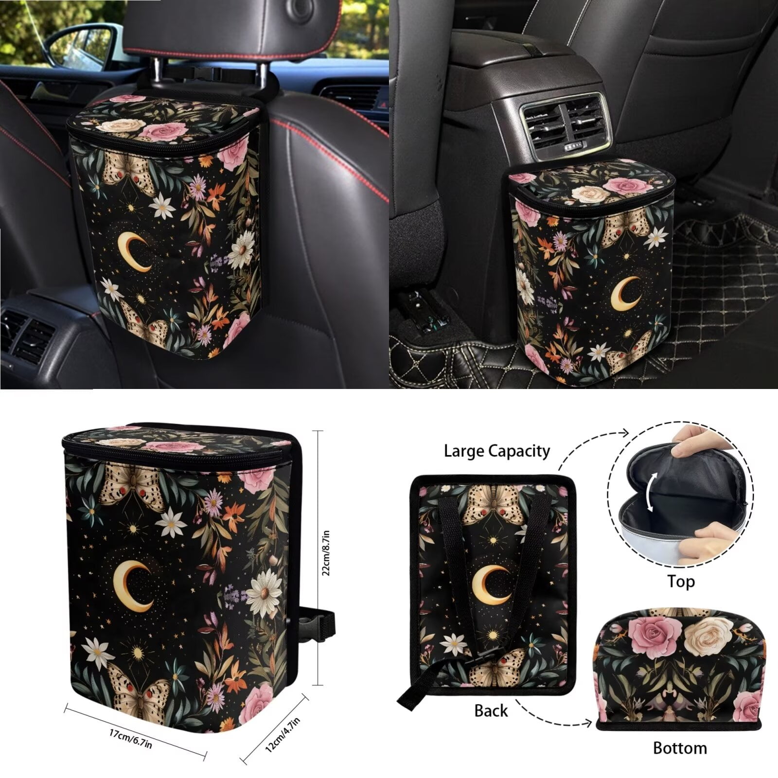 KUIFORTI Butterfly Car Seat Covers Full Set for Women Floral Steering Wheel Cover+Seat Belt Cover Pad+Trash Bag+Rearview Mirror Cover+Coasters+Car Vent Storage Organizer+Key Chain