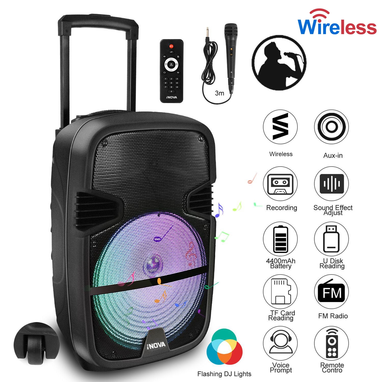 iNOVA Wireless Speaker Portable PA Karaoke System with Wired Microphone