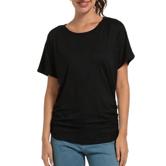 Women's Casual Black Short Dolman Sleeve Boat Neck T-Shirt