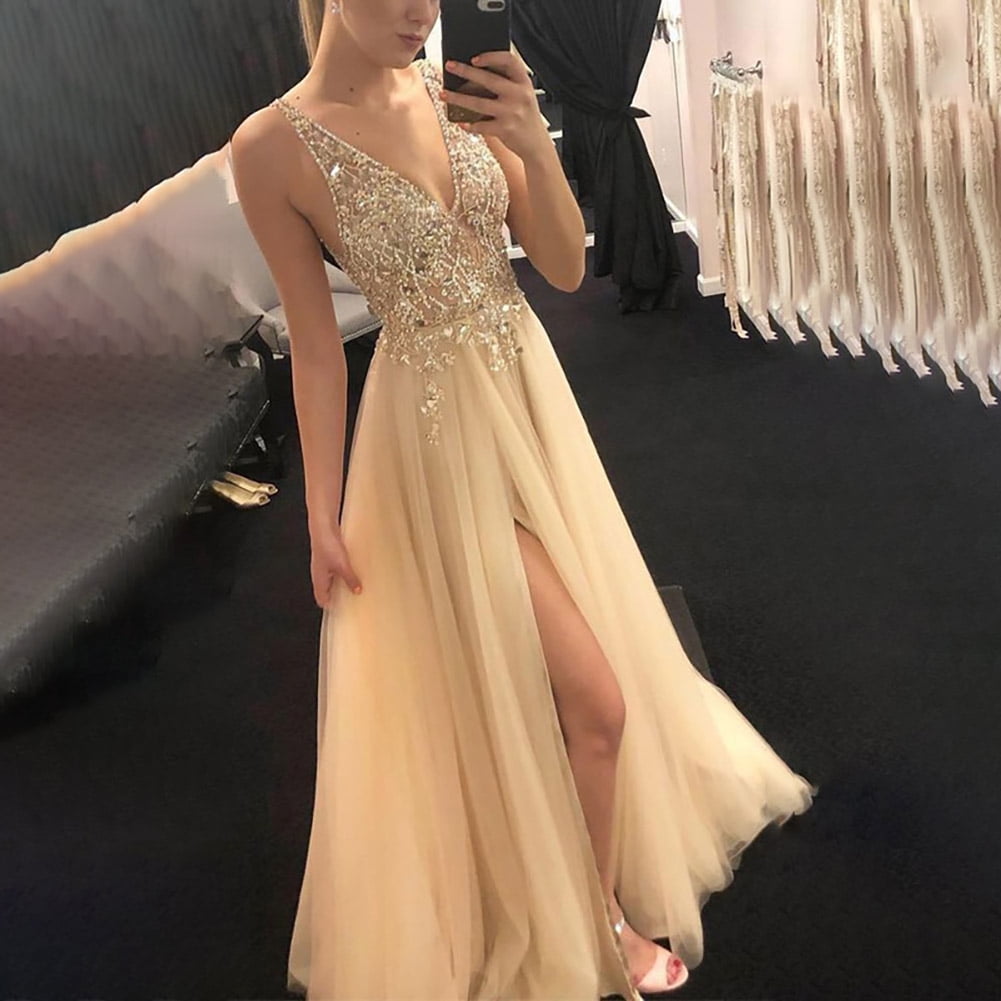 Vestido Formal Vestidos De Noche Beige Con Dorado Vestidos Largos