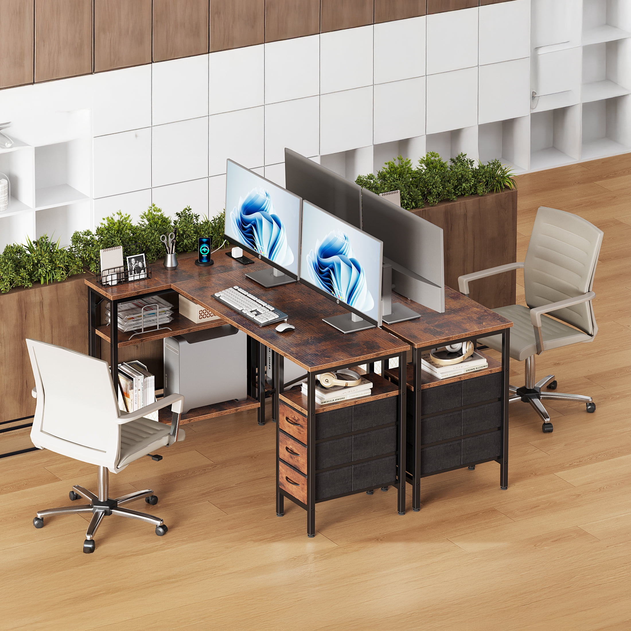 CONCETTA 55"L Shaped Computer Desk with 3 Drawers, Power Outlets, USB Ports, and Monitor Stand, Corner Gaming Desk for Home Office,Rust