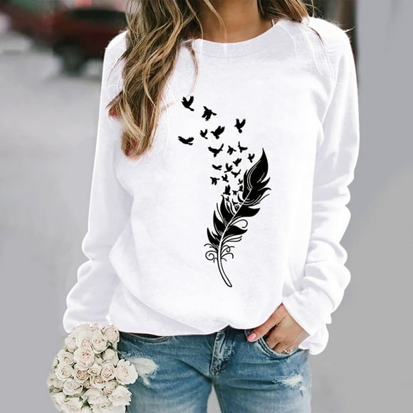 Jsaierl Lightning Deals of Today Womens Crewneck Sweatshirts Plus Size Casual Feather Print Sweatshirt Top Long Sleeve Fashion Fall Pullover Sweatshirts