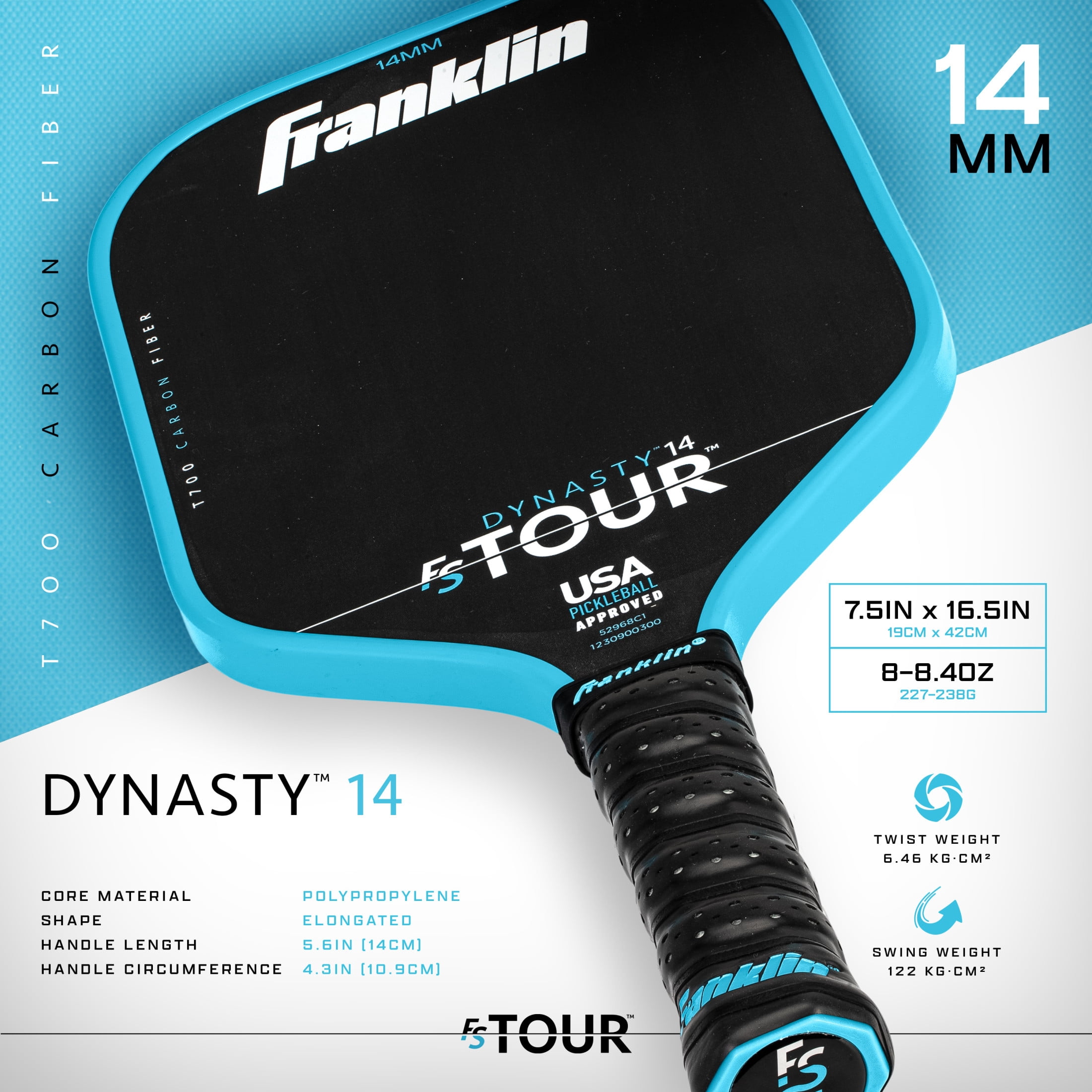 Franklin Sports Pro Pickleball Paddles - FS Tour Series Carbon Fiber Pickleball Paddles - Official USA Pickleball (USAPA) Approved Paddles - Dynasty Pro Player Paddle - 14mm Polymer Core - Blue