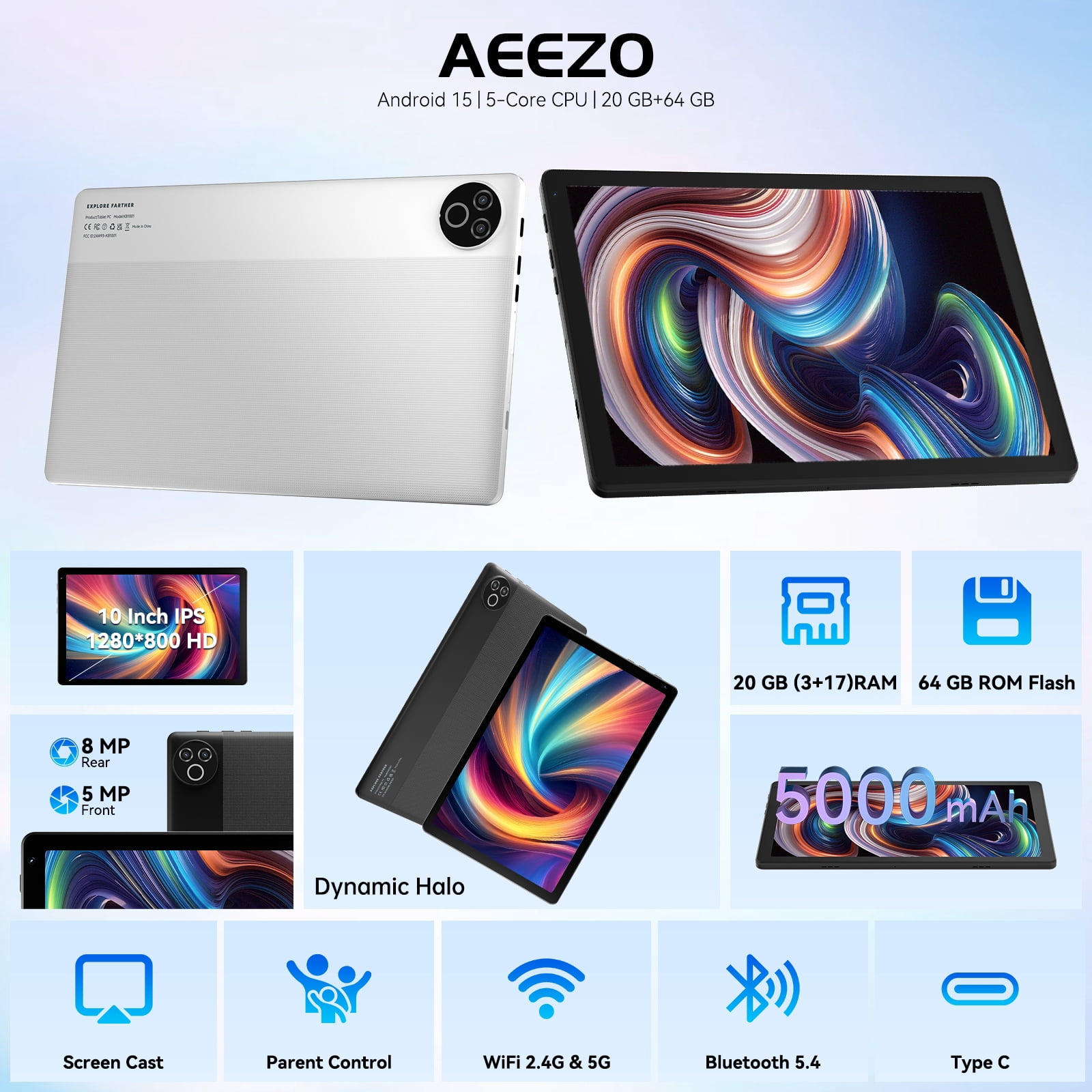 AEEZO 10.1 Inch Tablet, 20GB RAM 64GB ROM, 5-Core CPU WiFi 6, Android 15 GO, White