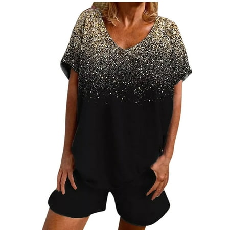 

Fashion Outfits Womens Casual Summer 2 Piece Outfits Short Sleeve V Neck Tops with Shorts with Pockets Pajamas Sets PJs Lounge Suits