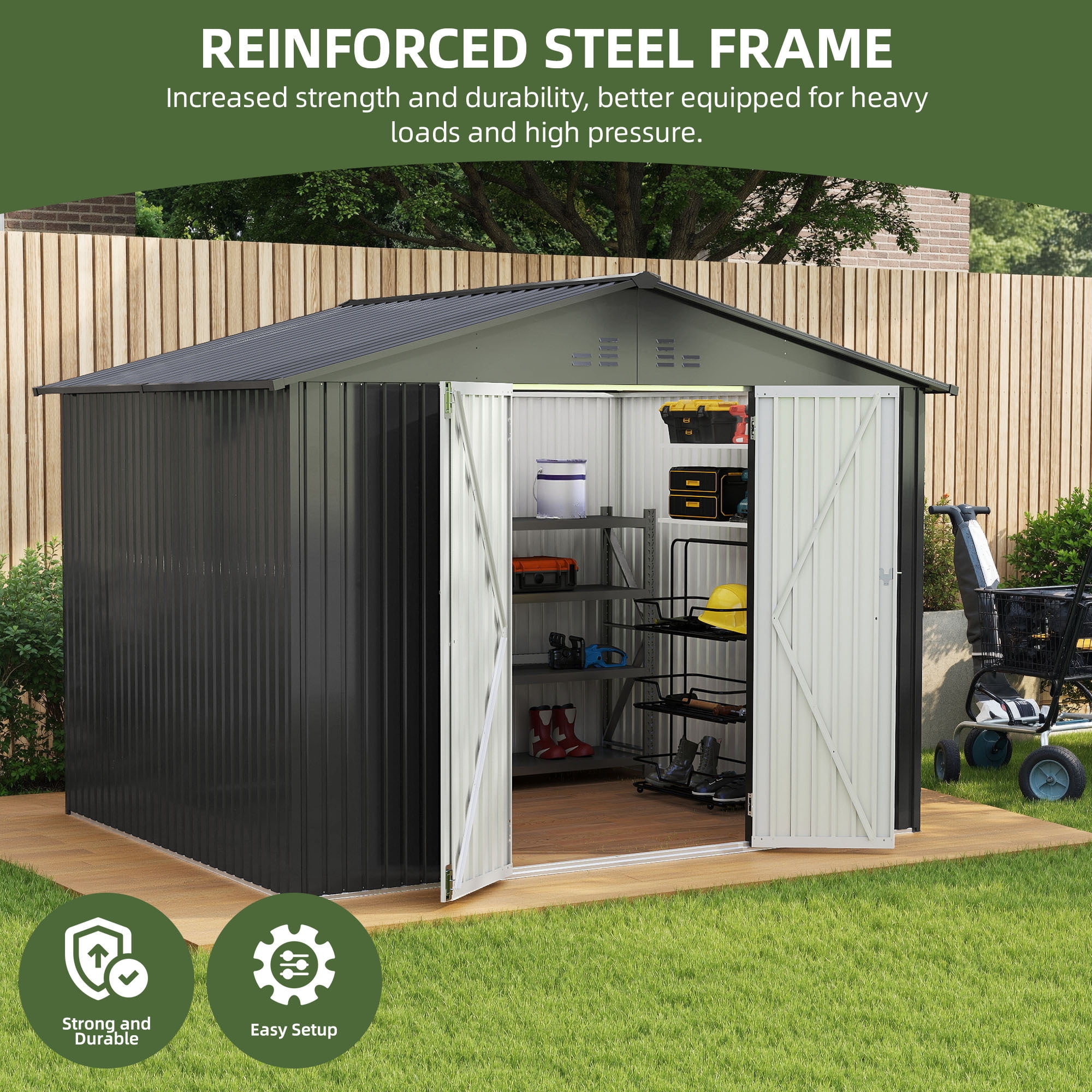 Uforic 7x5ft Metal Outdoor Storage Shed, Waterproof Heavy Duty Storage Unit with Lockable Door & Ventilation, Outdoor Tool Shed for Bike, Lawn Mower, Garden Tools, Backyard Patio Lawn Use, Black