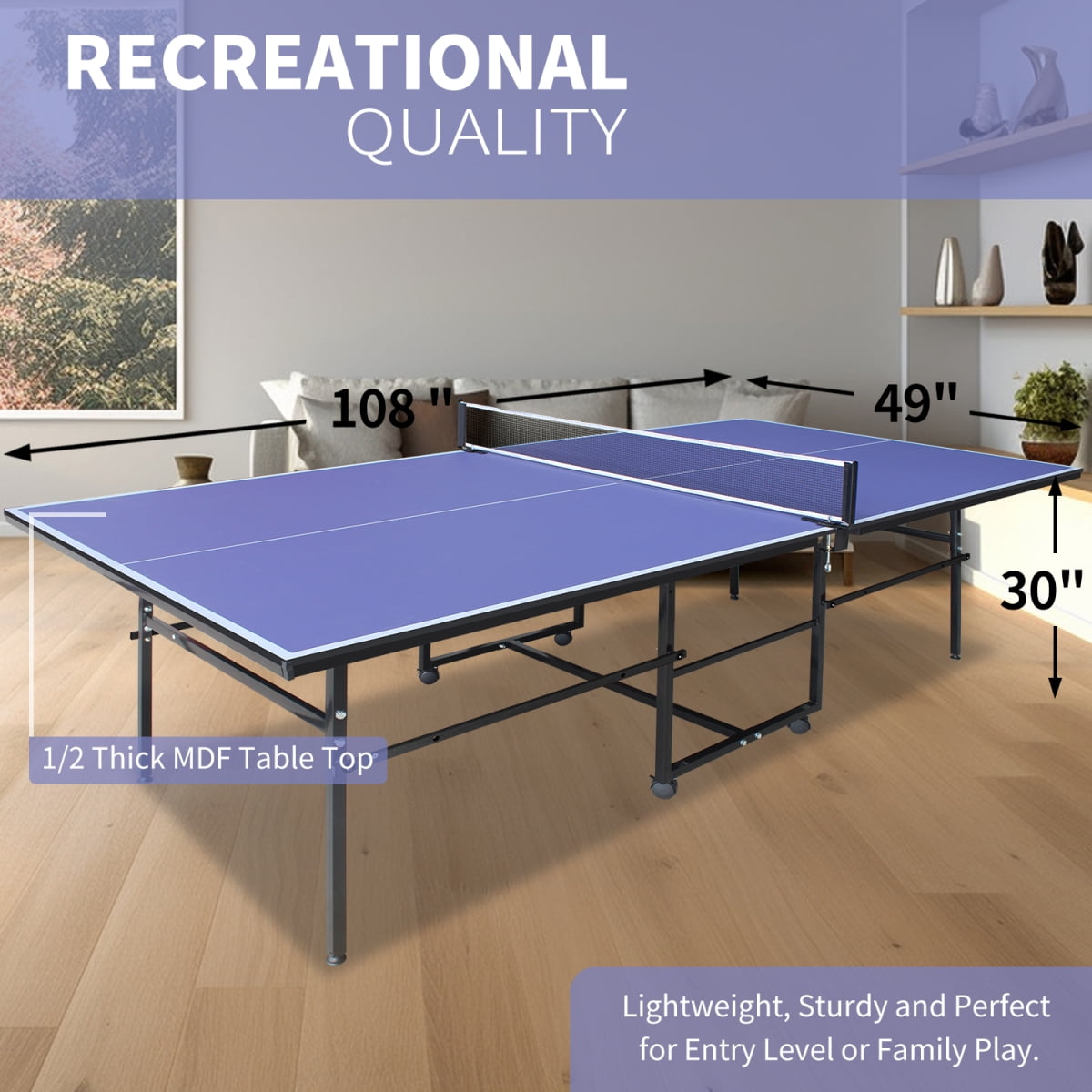 LuckyNote 9x4.1ft Foldable Ping Pong Table, Mid‑Size Table Tennis Set with Net, 2 Paddles & 3 Balls, Portable for Indoor Game Rooms, Blue