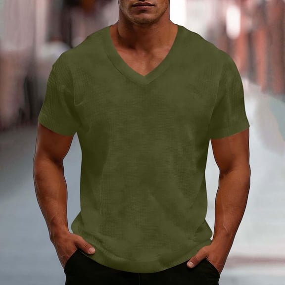 Jessboyy Big and Tall Mens T Shirts Comfy Waffle Knit V Neck T Shirts for Men Short Sleeve Solid Color Tees Summer Tops Casual Plus Size Shirt Army Green,XXXXL