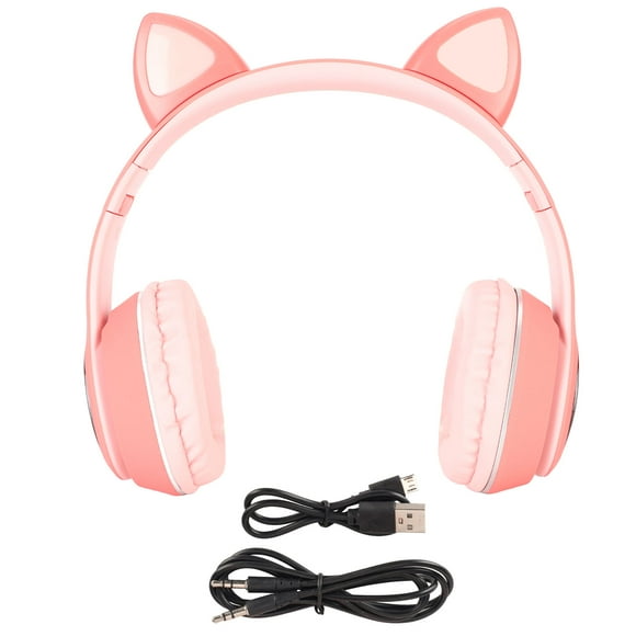 Auriculares para juegos con orejas de gato y Bluetooth, compatibles con tarjetas de memoria pequeñas, modo LINEIN, con micrófono LED, color rosa