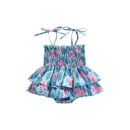 

RSRZRCJ Infant Baby Girls Romper Dress Tree/Flower Print Sleeveless Tie-Up Spaghetti Strap Ruched Ruffles Sling Bodysuits with Headband