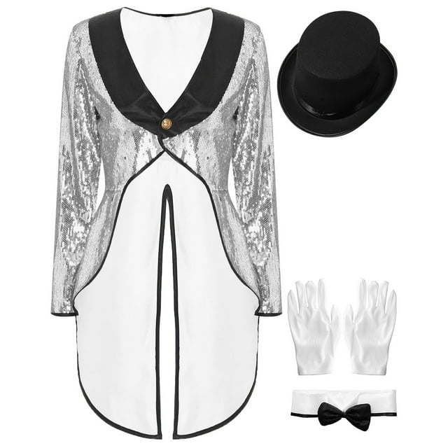 iiniim Costumes de Maître de Cirque pour Femmes Robe de Magicienne à Paillettes à un Bouton Veste Queue-de-Pie Argent G