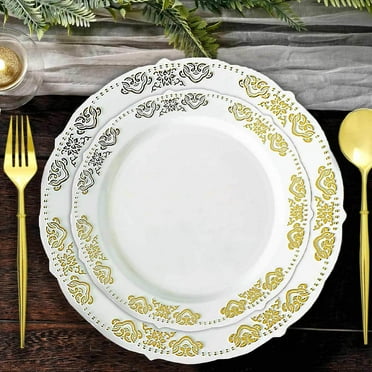 Efavormart 10 PCS | 7.5" Round Gold Embossed Disposable Salad Plates With Scalloped Edges For Weddings Party Events