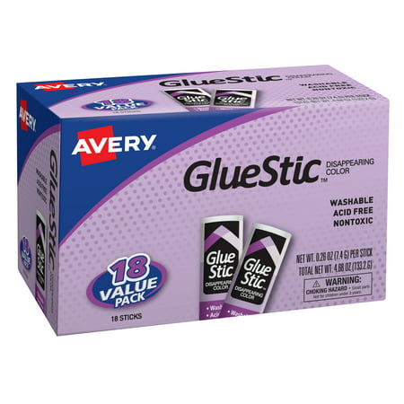 Avery Glue Stic Disappearing Purple Color, Washable, Nontoxic, 0.26 oz., Value Pack 18/Price of 15
