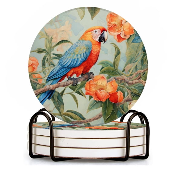 BaHomeck Drink Coasters Set of 4 with Holder parrot perched on orange flower tree branch Water Absorbent Ceramic Coasters Tabletop Protection,Suitable for Various Cup ,Home Decor