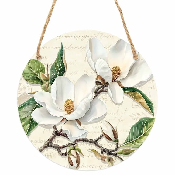 Botanical Flowers Round Front Door Welcome Sign, 7.8 Inch Wall Hanging Decor for Indoor Outdoor, Vintage Rustic White Floral Leaves Home Porch Hanger Decorations for Holiday Gift
