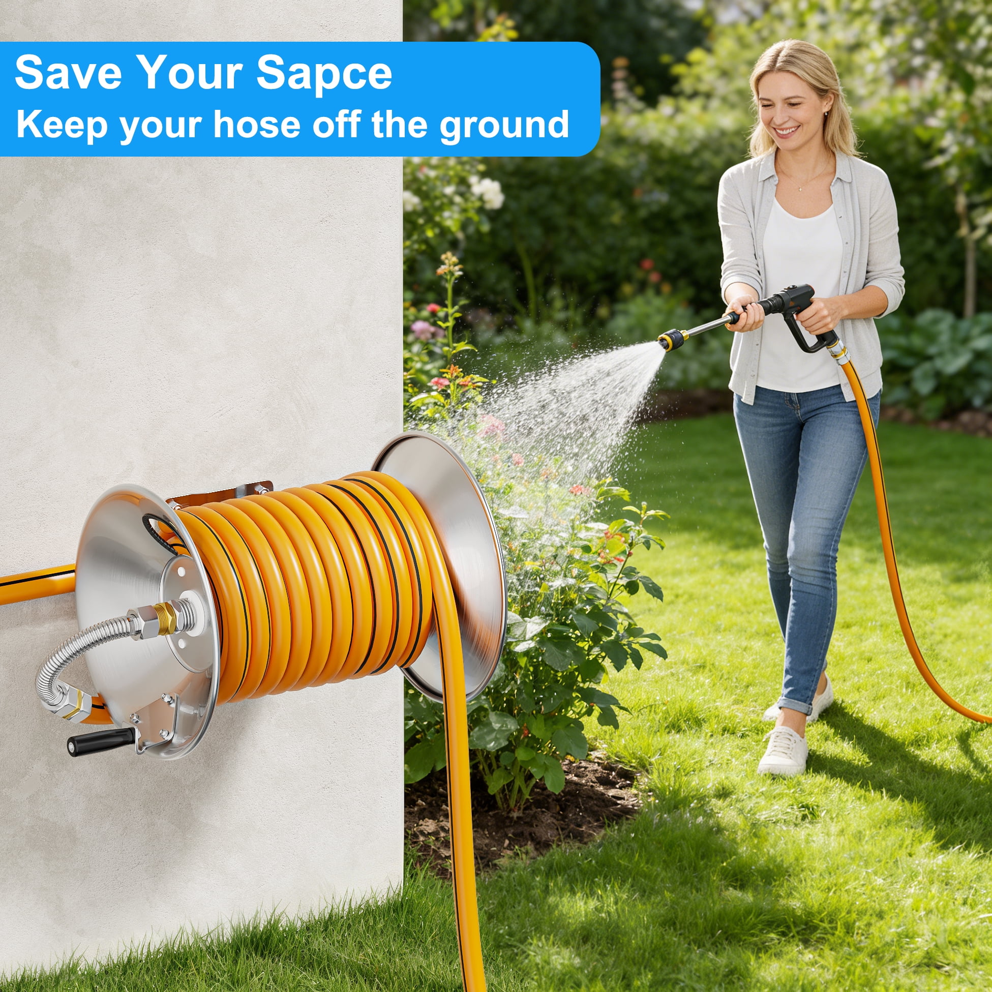 FANHAO Standing or Wall Mounted Garden Hose Reel, Outdoor Heavy-Duty Water Hoses Holder Winder, Holds 125 Ft of 5/8-Inch Hose, Brass Fitting (Hose Not Included)