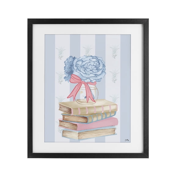 Stupell Industries Stacked Books & Blue Hydrangeas Black Framed Print Under Glass, design by Elizabeth Medley