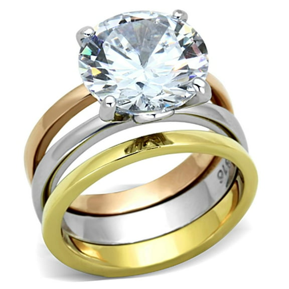 Three Tone IP Gold & IP Rose Gold & High Polished) Stainless Steel Ring with AAA Grade CZ in Clear for Women Clear Stone Color Style TK963 Size 10