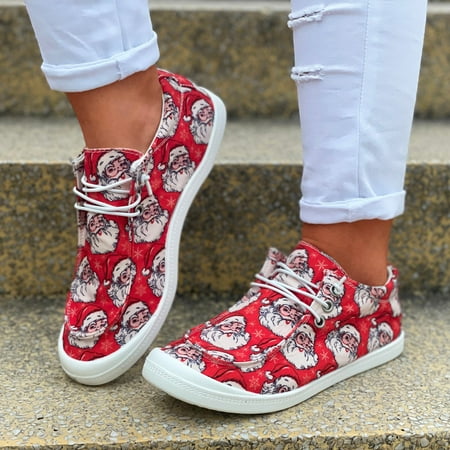 

Ladies Fashion Exquisite Christmas Print Lace Up Comfort Flat Casual Shoes