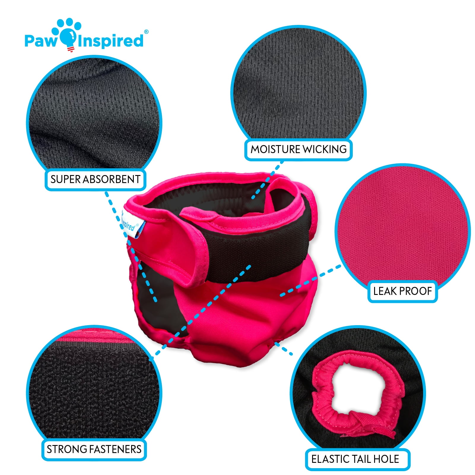 Paw Inspired 2ct Washable Reusable Dog Diapers for Female Doggie, Puppy, Cat | Cloth Diapers for Dogs in Heat, Pet Diapers | Incontinence Diapers that Stay On (Assorted (Black Lining), Large)