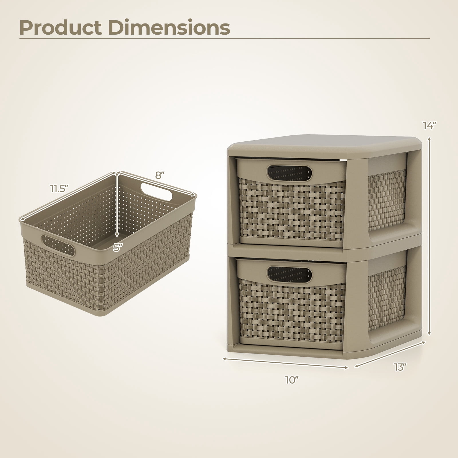 Costway 1 PCS 3-Drawer Storage Cabinet with Wicker Patterns, Handles for Bedroom, Bathroom Tan