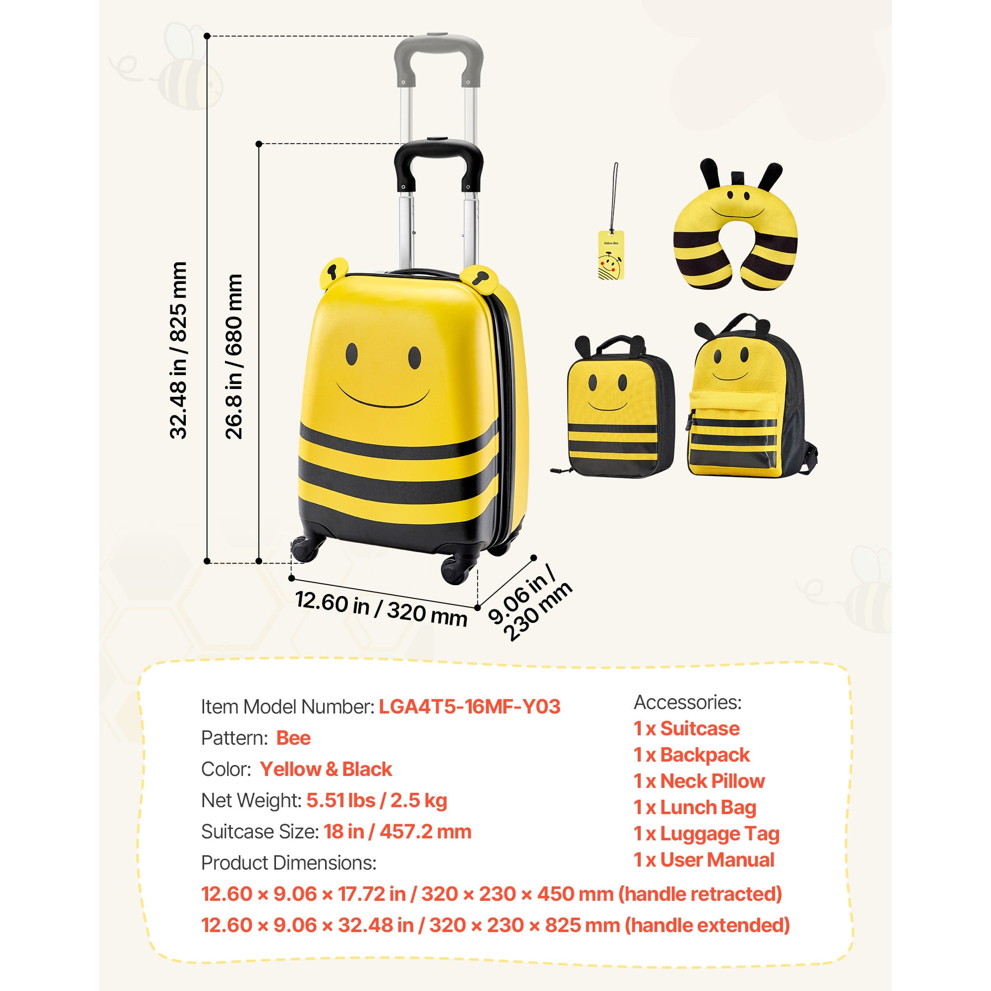 KFFKFF Kids Luggage Set, 5-Piece, 18-Inch Hard-Shell Rolling Suitcase with Backpack & U-Shaped Pillow, Bee-Themed Carry-On for Children, Travel Gift for Boys and Girls, Airline Friendly