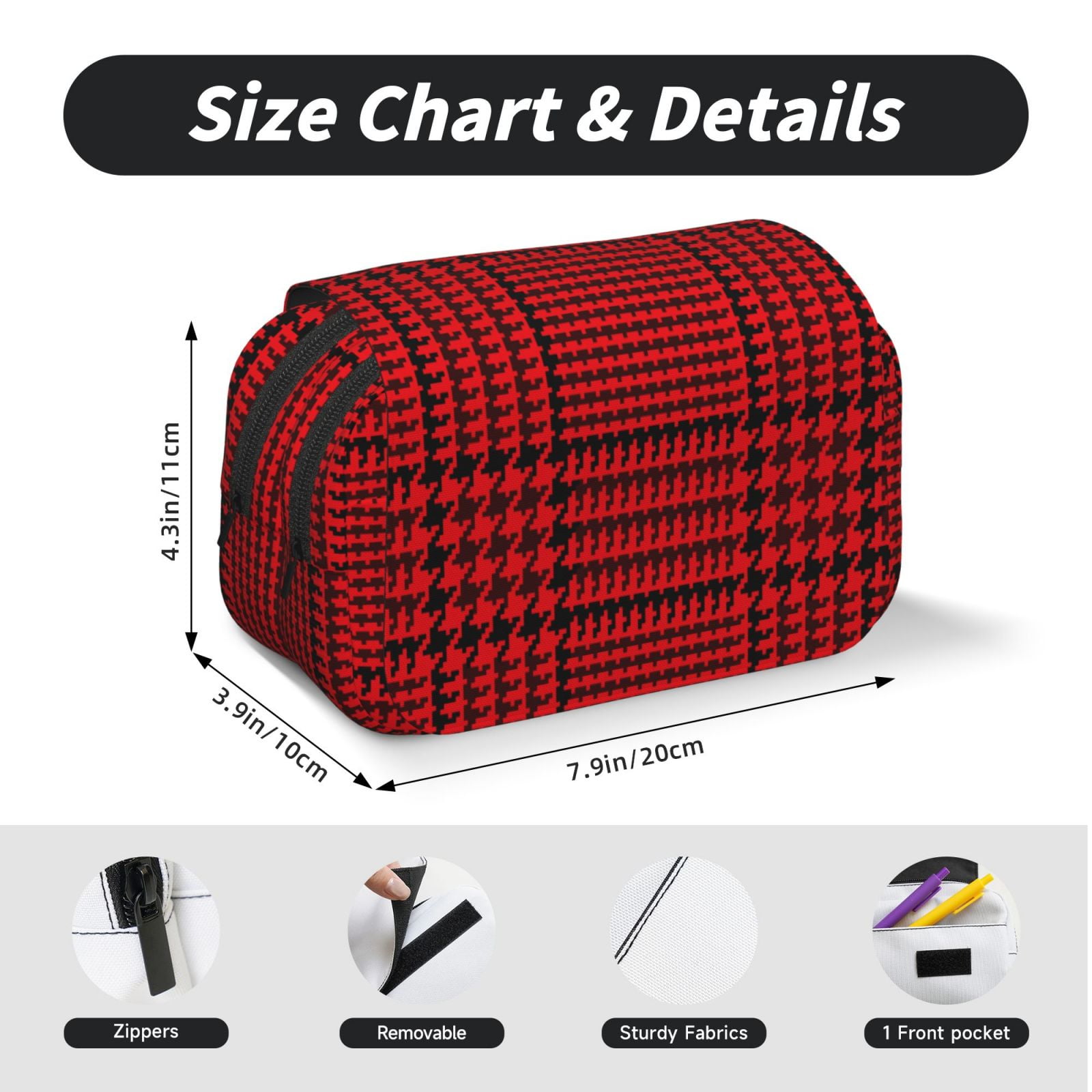 Rateoe Red Black Houndstooth Pattern Double Clamshell Pen Case, Storage Organizer with Two Zipper Compartments– Holds Up to 50 Pencils & Pens