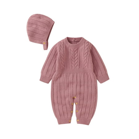 

Gureui Newborn Infant Toddler Baby Boys Girls Romper Outfit Round Neck Long Sleeve Snap Closure Knitted Jumpsuit + Hat