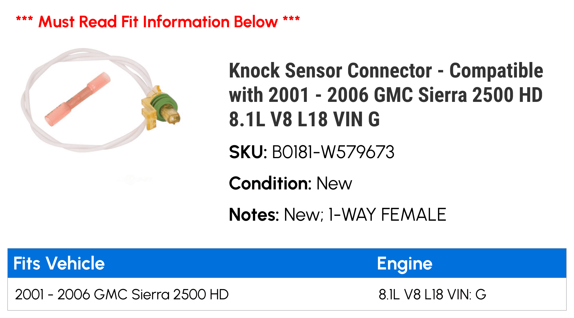 Knock Sensor Connector - Compatible with 2001 - 2006 GMC Sierra 2500 HD 8.1L V8 L18 VIN G - AC Delco