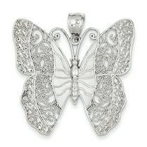 14k White Gold Solid Polished Diamond-cut Filigree Butterfly Pendant