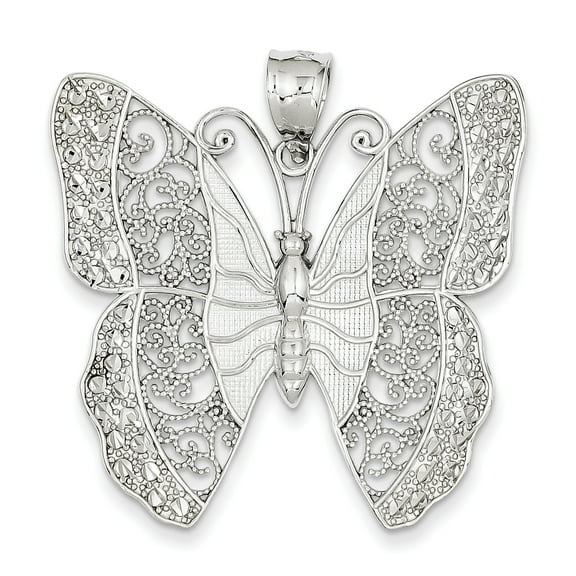 14k White Gold Solid Polished Diamond-cut Filigree Butterfly Pendant