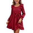 thumbnail image 2 of Girls Ruffle Dress Long Sleeve Crewneck Waist Belt Dress Kids Solid Color Casual Comfortable Outfits for Daily Wear Red 9-10 Years, 2 of 7
