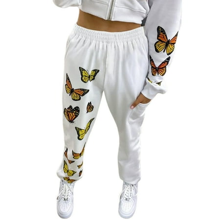 Fashion Butterfly Print Sweatpants Elastic Waist Long Workout Pants ...