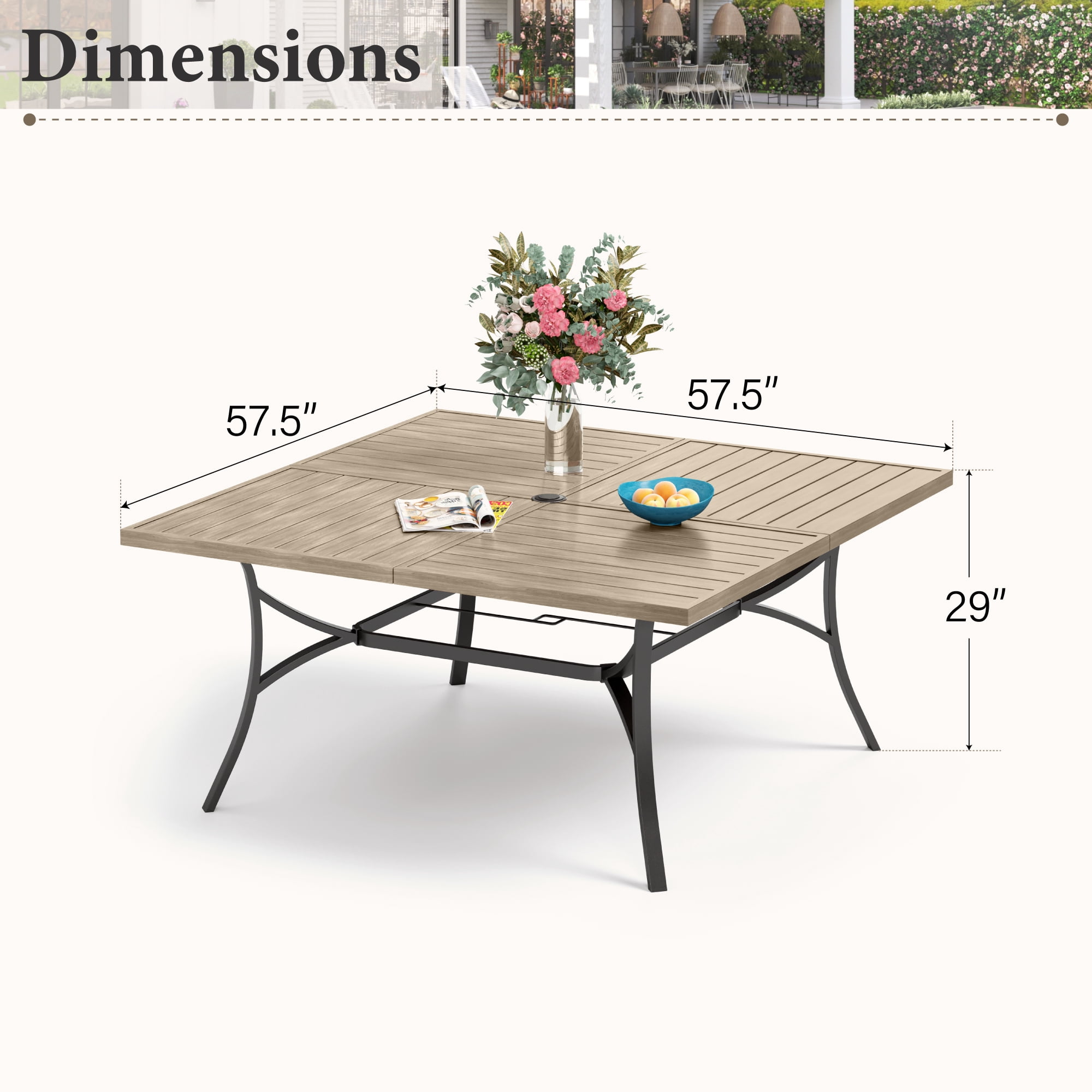 MF Studio 57.5” Square Outdoor Patio Dining Table with Umbrella Hole & Wood-Grain Table Top for 8
