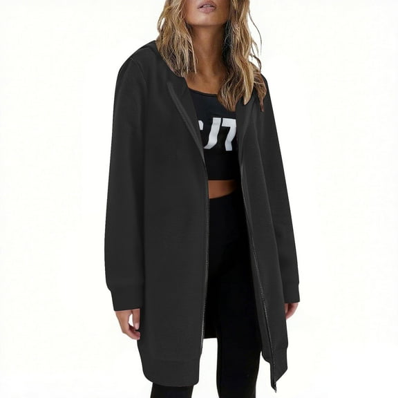 ClodeEU Women's Open Top,Solid Color Zipper Long Sleeved ,Length Hooded Sweatshirt Jacket Tops Black,Womens Plus L