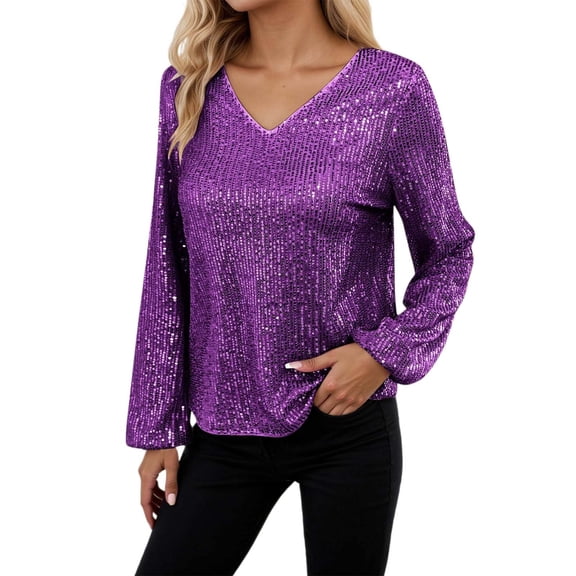 Shirts for Women Sequin Tops for Women Purple Long Sleeve Sparkly Shirt Glitter Tops Evening Wear Tops Womens Holiday Sequin Tops