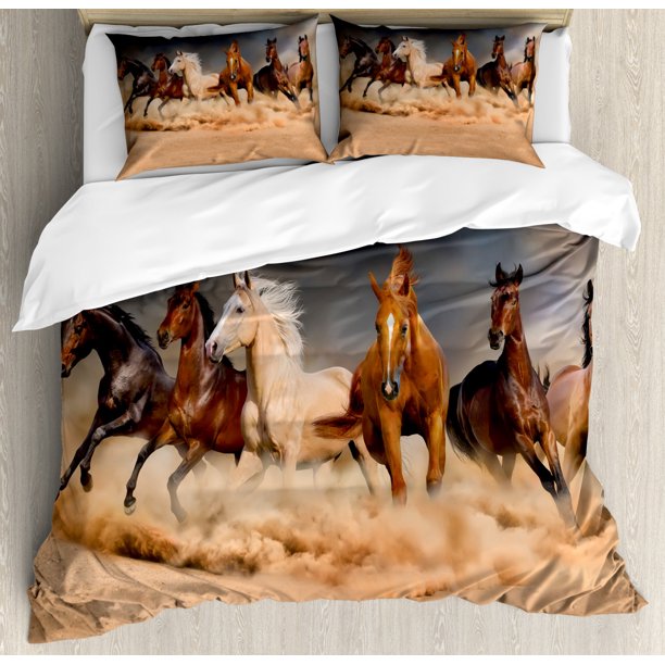Horse Duvet Cover Set, Equine Themed Animals Galloping in the Sand