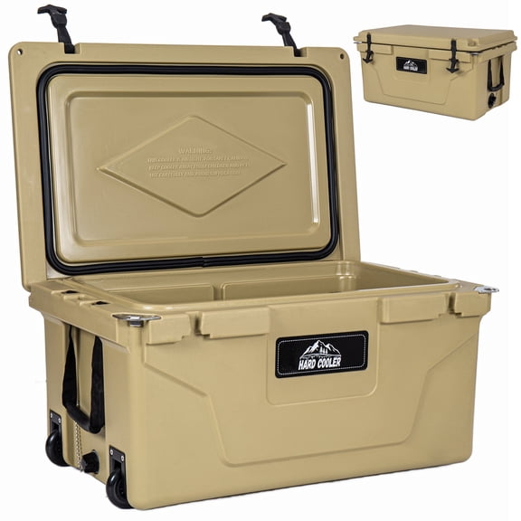 65QT Khaki Rotomolded Cooler Ice Chest, 5-Day Ice Retention, Heavy-Duty LLDPE Portable Camping Beach Boat Cooler with Wheels, Bottle Opener & Fish Ruler